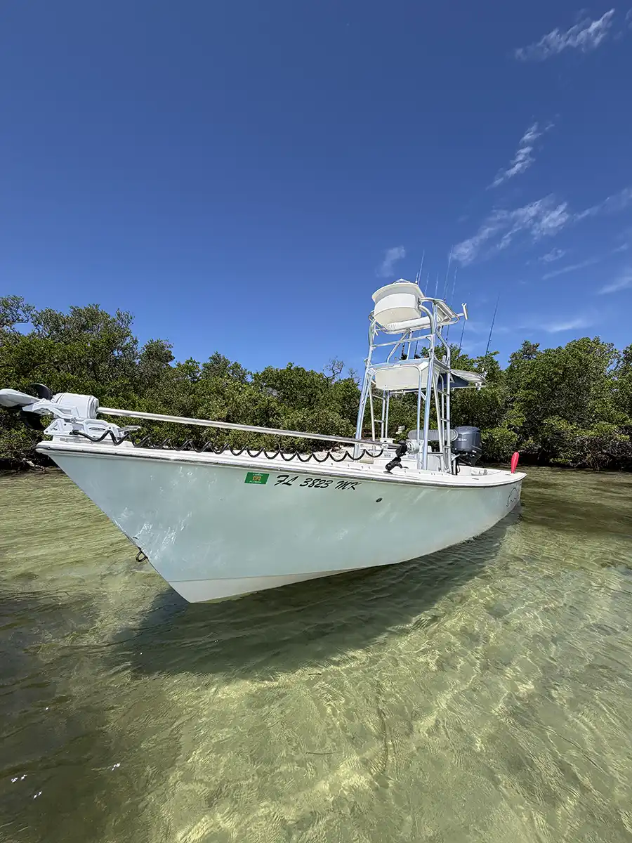 Bow view of a Sarasota fishing charter boat in clear shallow water near mangroves